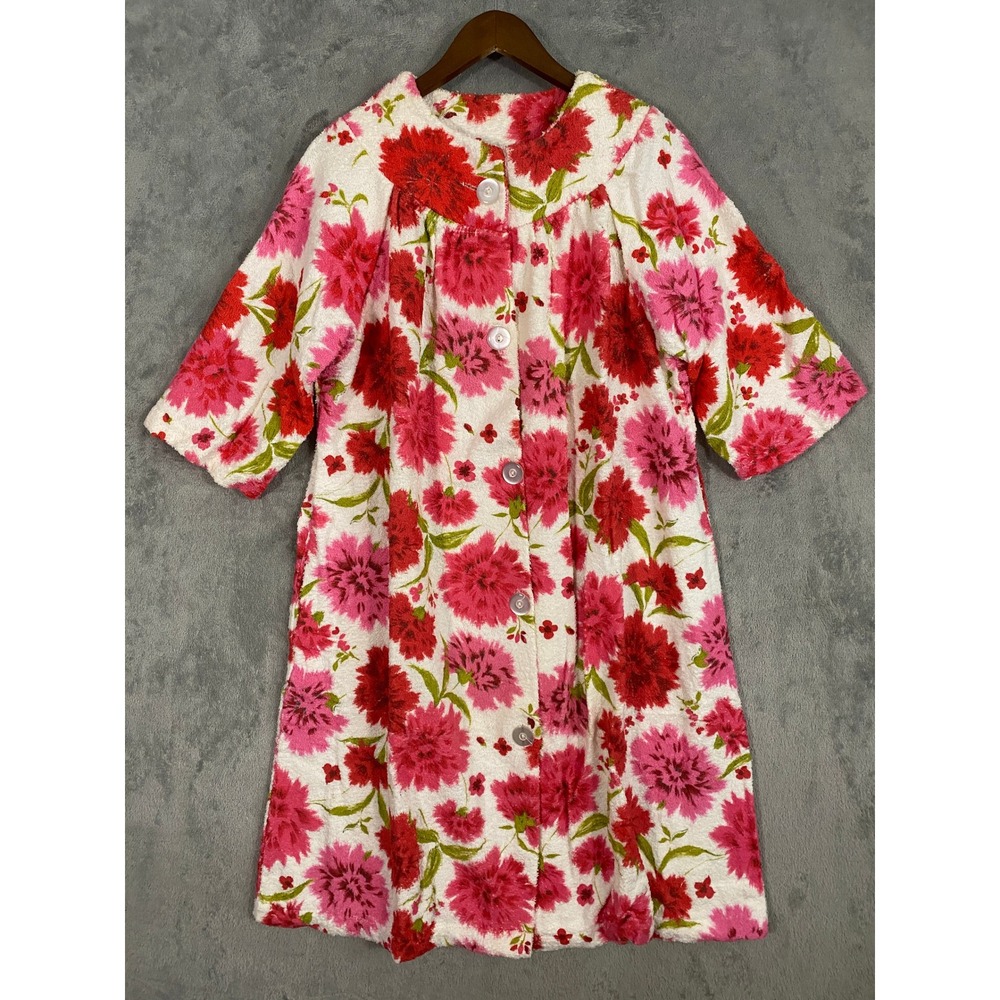 VTG Terry Tuck Robe OS Pink Red Floral Pouf Duster Terrycloth NEW 60s Grannycore - Picture 2 of 12